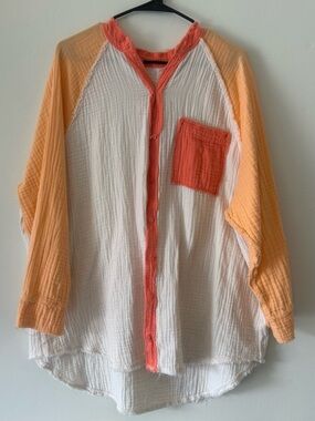 Aerie Button-Front Gauze Shirt in White with Orange Accents